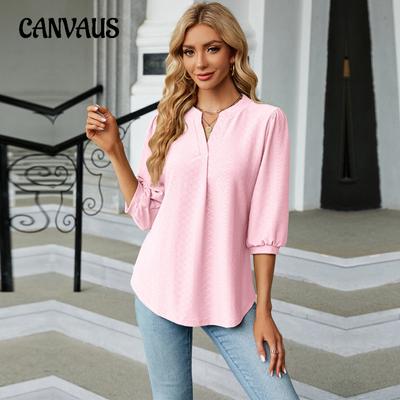 Spring and Autumn Women's Blouse Solid Color Lace Neck Jacquard Loose Seven-quarter Sleeve V-neck Comfort Leisure Long Sleeve Top