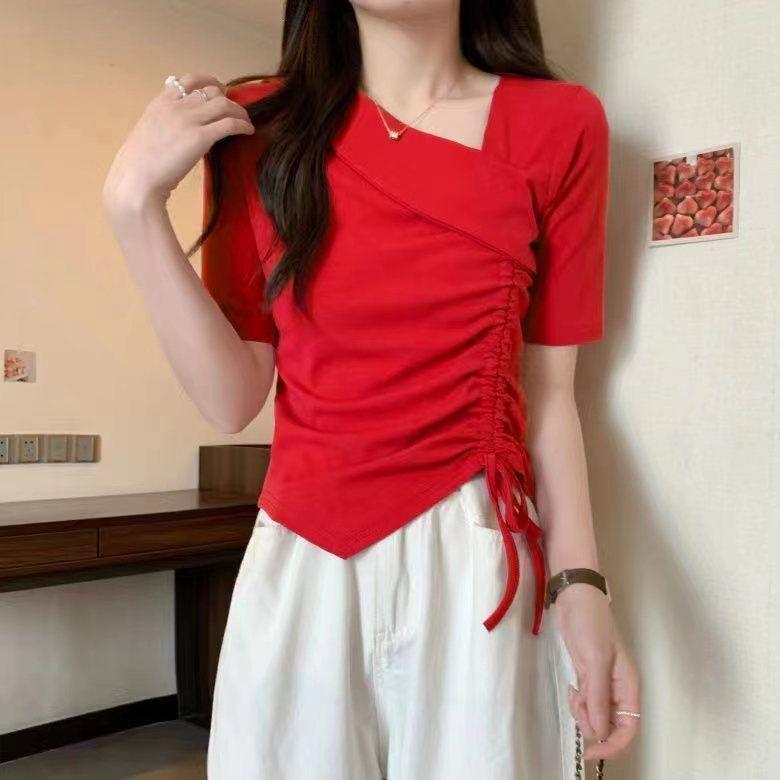 Irregular Asymmetric Neck Drawstring Short Sleeve Women's Summer T-shirt - New Sweet Chic Design, Versatile and Unique.
