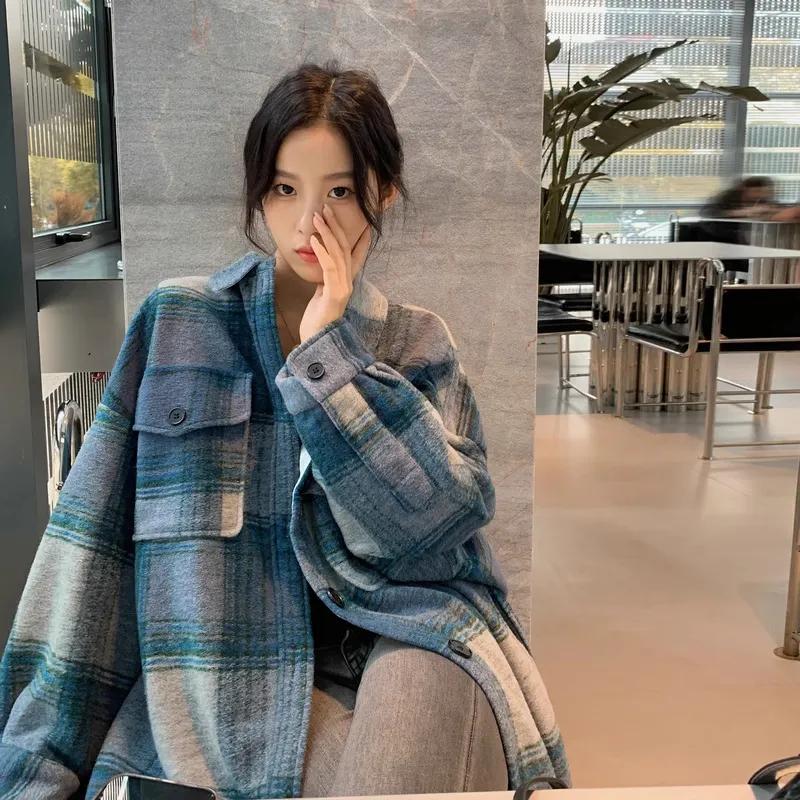 Blue Plaid Jacket Women's Autumn and Winter Loose Retro Mid-length Windbreaker Coat Stacked