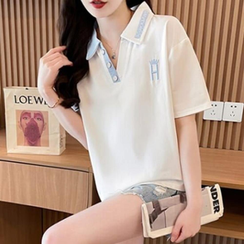 Navava Women Color AccenT BuTTon Collar ShorT Sleeve T shirT nT2479