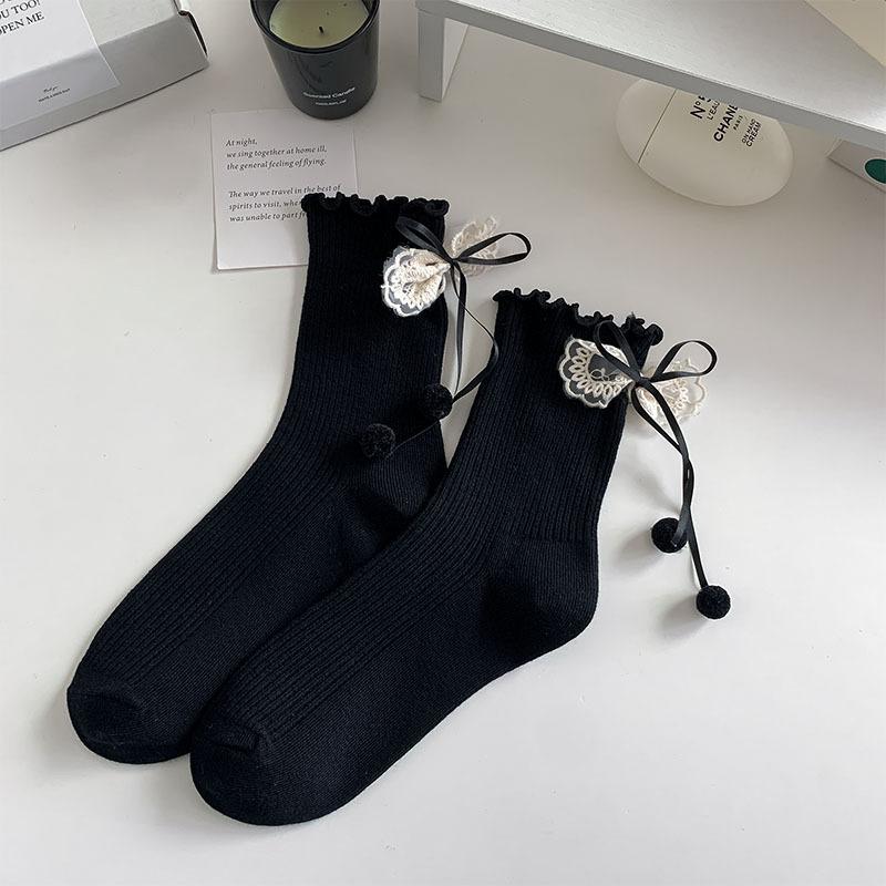 

1 Pair Lolita Pompom Bow Sock for Girls Kawaii Frilled Ankle Socks Ruffle Trim Japanese Sweet Crew Length Soft Cotton Calf Sock чёрный