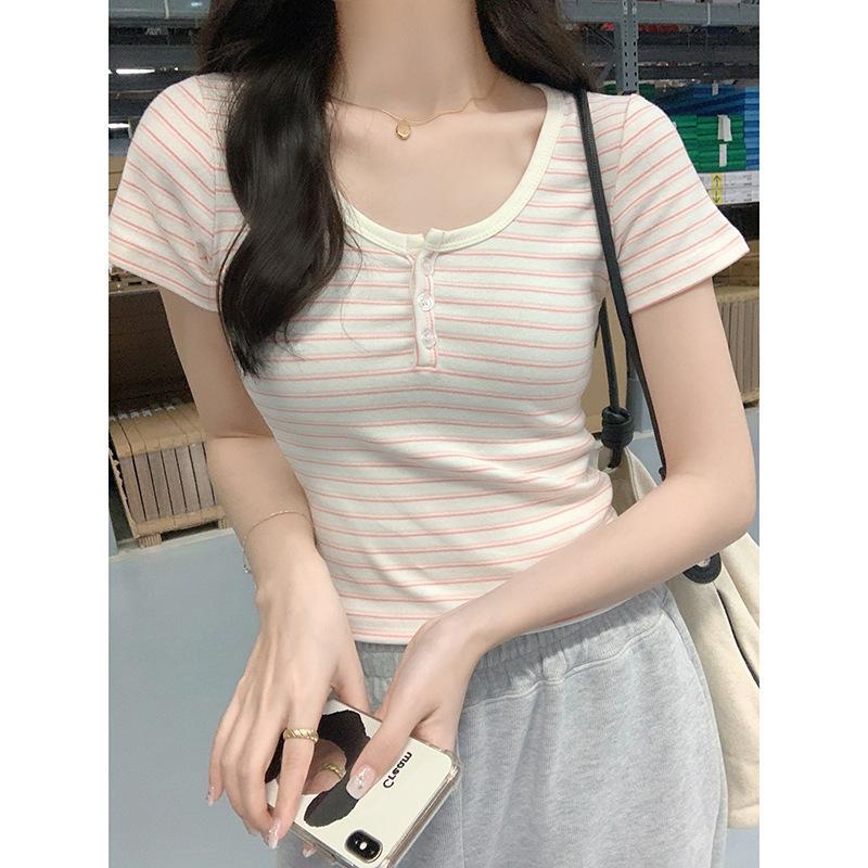 Design sense contrasting color striped U-neck front shoulder short-sleeved T-shirt women's summer new Korean version slim and thin versatile short top