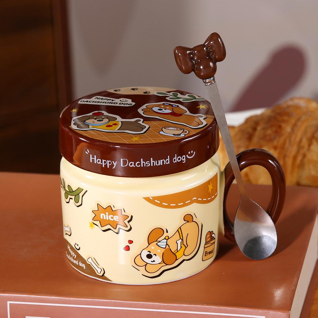 Dackel Keramik Wasserbecher Süße Tasse mit Deckel und Löffel Kreativer Jungenstil Kinder Frühstückstasse Große Kapazität