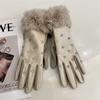 Diamond-encrusted PU leather finger gloves women's autumn and winter warm touch screen plush cuffs cycling five-finger gloves tide