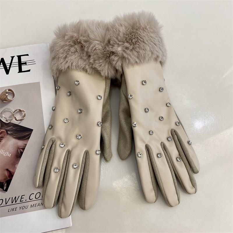 Diamond-encrusted PU leather finger gloves women's autumn and winter warm touch screen plush cuffs cycling five-finger gloves tide