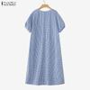ZANZEA Women Casual V-Neck Loose Half Sleeve Grid Print Long Dress