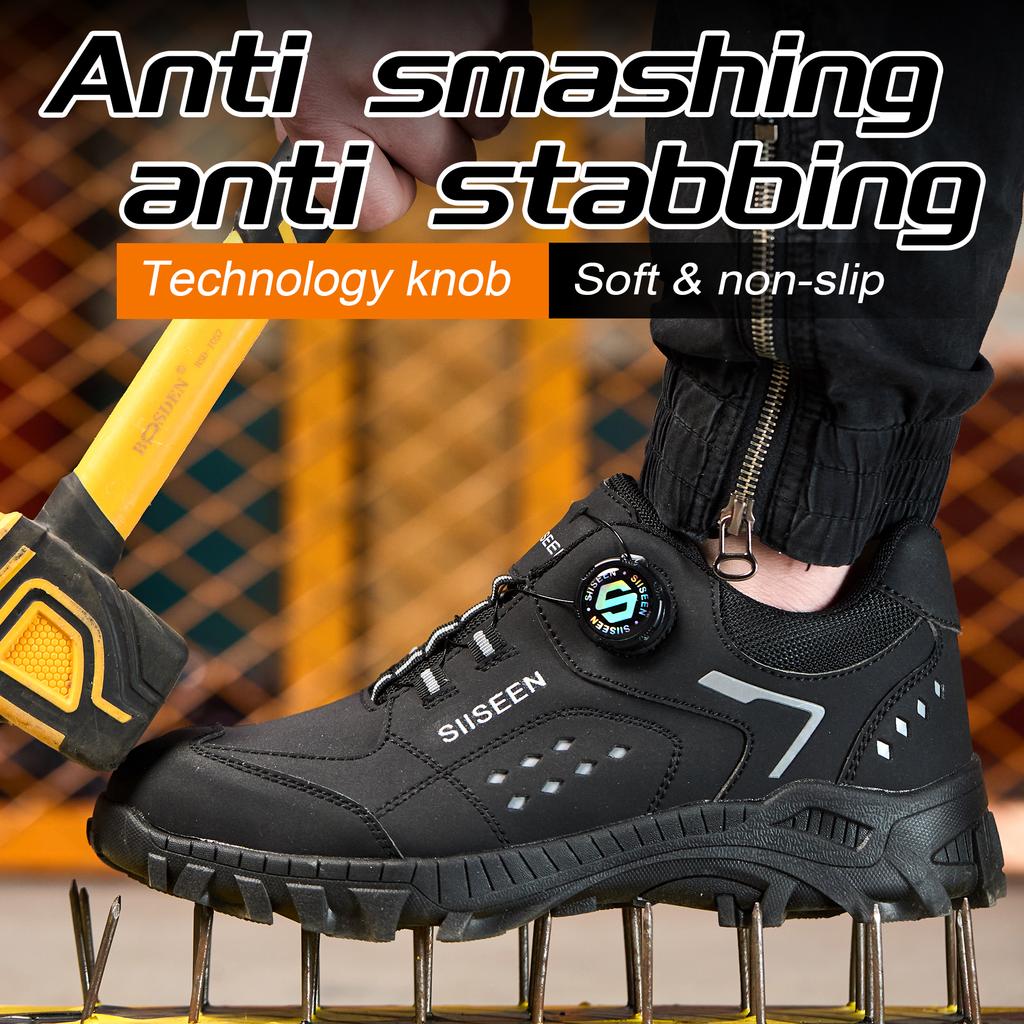 Scarpe da Lavoro di Sicurezza da Uomo con Punta in Acciaio Bottone Rotante Pelle Nera Antiscivolo Scarpe da Lavoro da Uomo Sneakers Leggere Sneakers da Lavoro Protettive