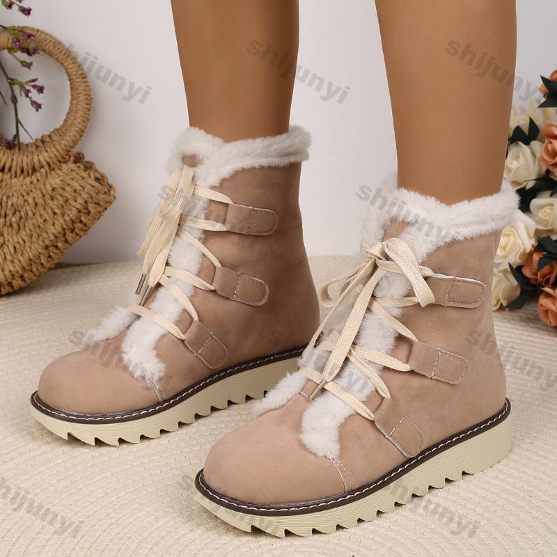 Fashion Thick Plush Snow Boots for Women Winter Warm Lace Up Flat Warm Cotton Shoes Woman Lightweight Outdoor Ankle Boots Plus Size 43