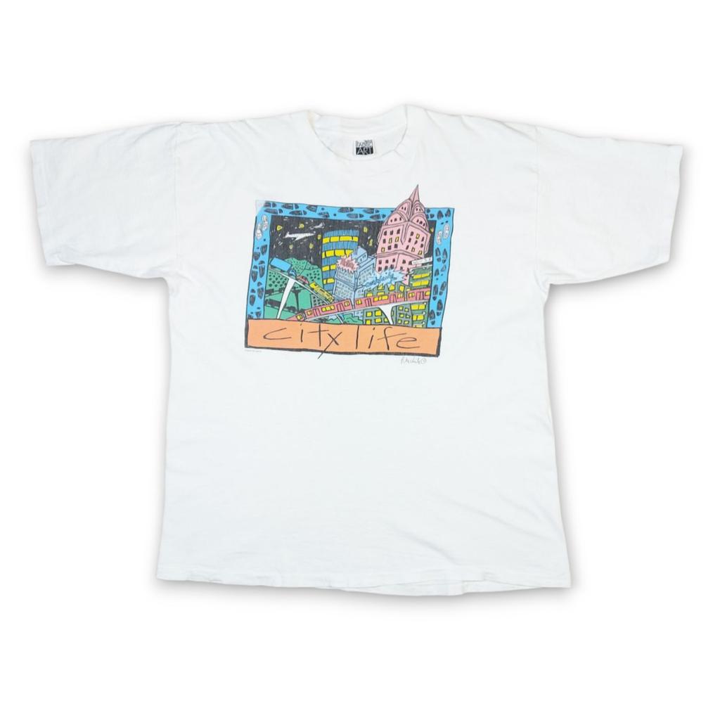 Vintage 90s Fabric Art Print New York City Life Single-Stitch White T-Shirt XL