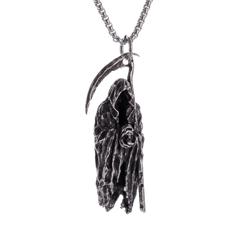 Vintage Gothic Hell Reaper Scythe Pendant Mystical Demon Necklace for Men Personality Punk Halloween Trend Jewelry