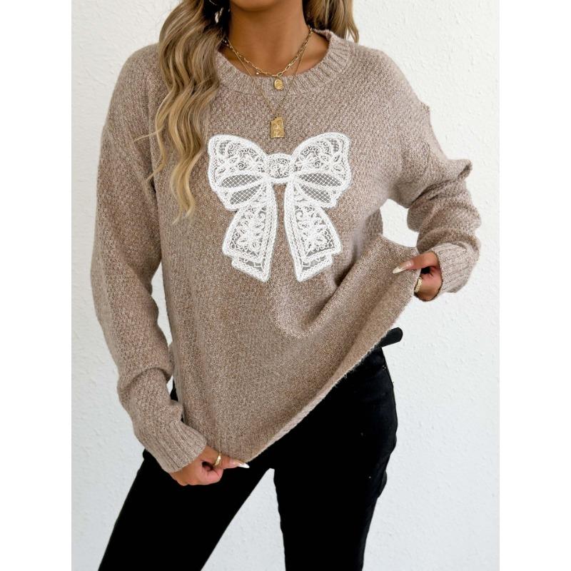 Women S Round Neck Long Sleeve Pullover Sweater Featuring Embroidered Lace Butterfly Splicing