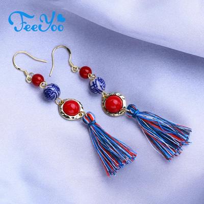 FEEYOO Round Drop Earrings For Women Girls Fashion Retro Ceramics Long Tassel Earrings Jewelry Giftt