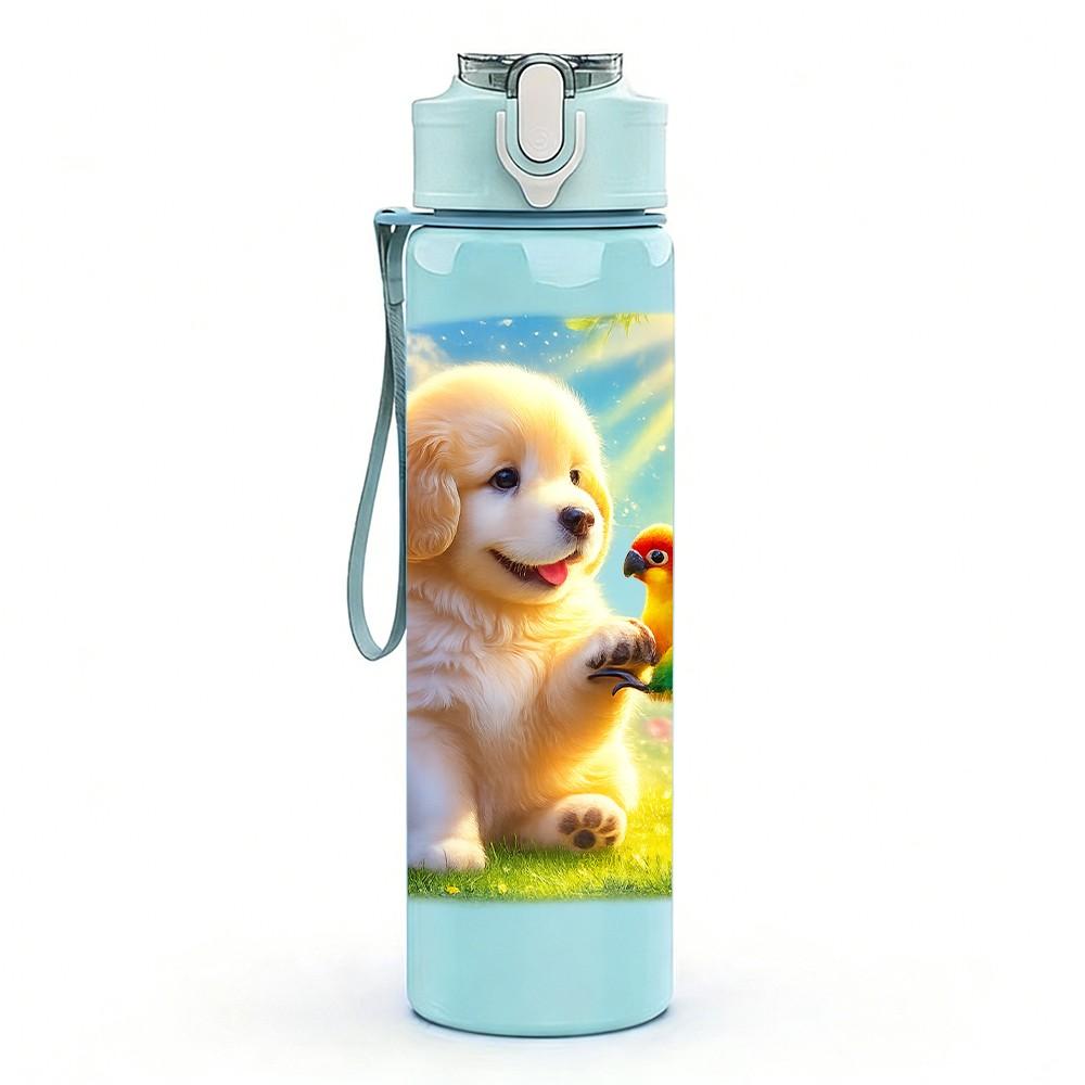 1PC Cute Puppy Dog Watercolor Print 750ml Color Plastic Sports Water Bottle Leakproof Flip Straw Lid Suitable for Sports Office Home Use