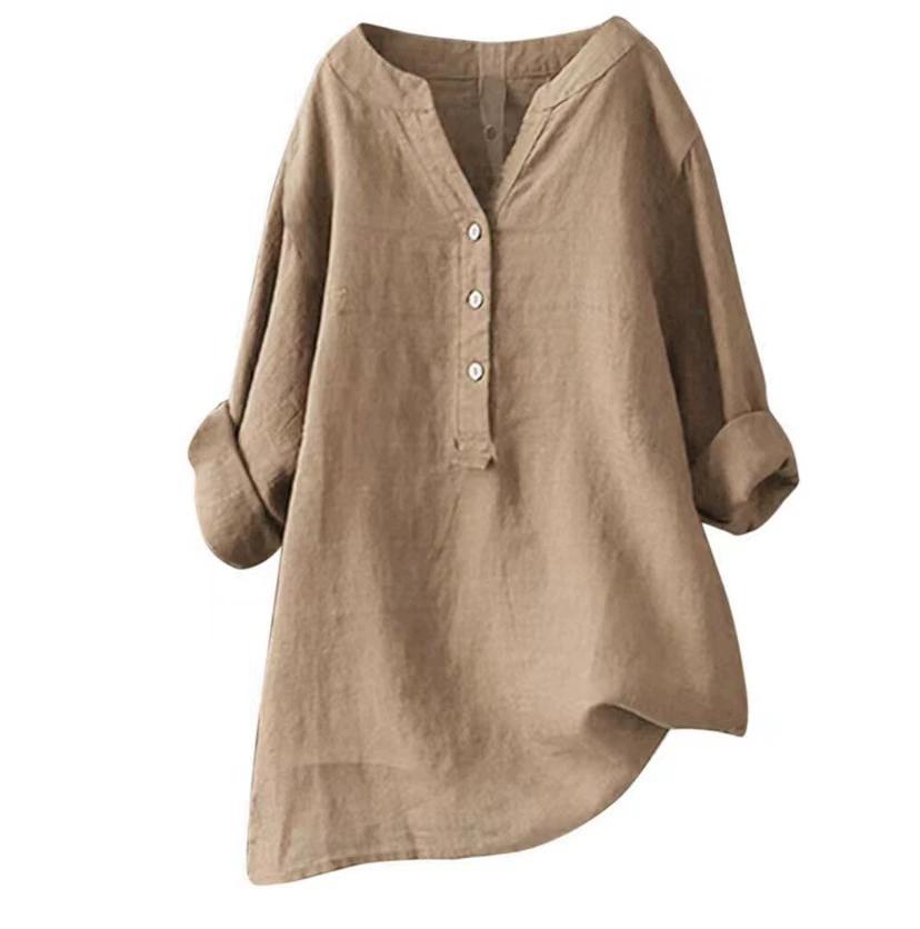 Vintage Casual Shirts for Women Spring Summer Casual Loose Long Sleeve Shirt Ladies Oversize V-Neck Blouse Tunic Tops