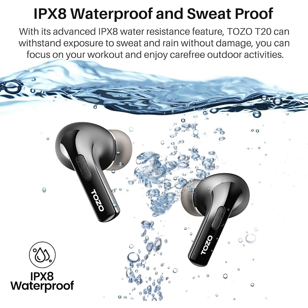 TOZO T20 Wireless Earphones: Superior Sound Experience, LED Battery Level Display, EQ Customization, Premium Sound, Dedicated App Compatible, Touch Co