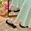 Casual woven heightened glossy one-word slippers women's 2025 summer thick-bottomed Roman vacation wind beach slippers women