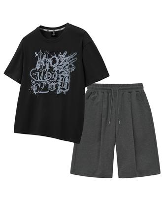 MOZMOZ [Set] Ink Short Sleeve + Wide Single-Pleat Shorts Set-Up Black