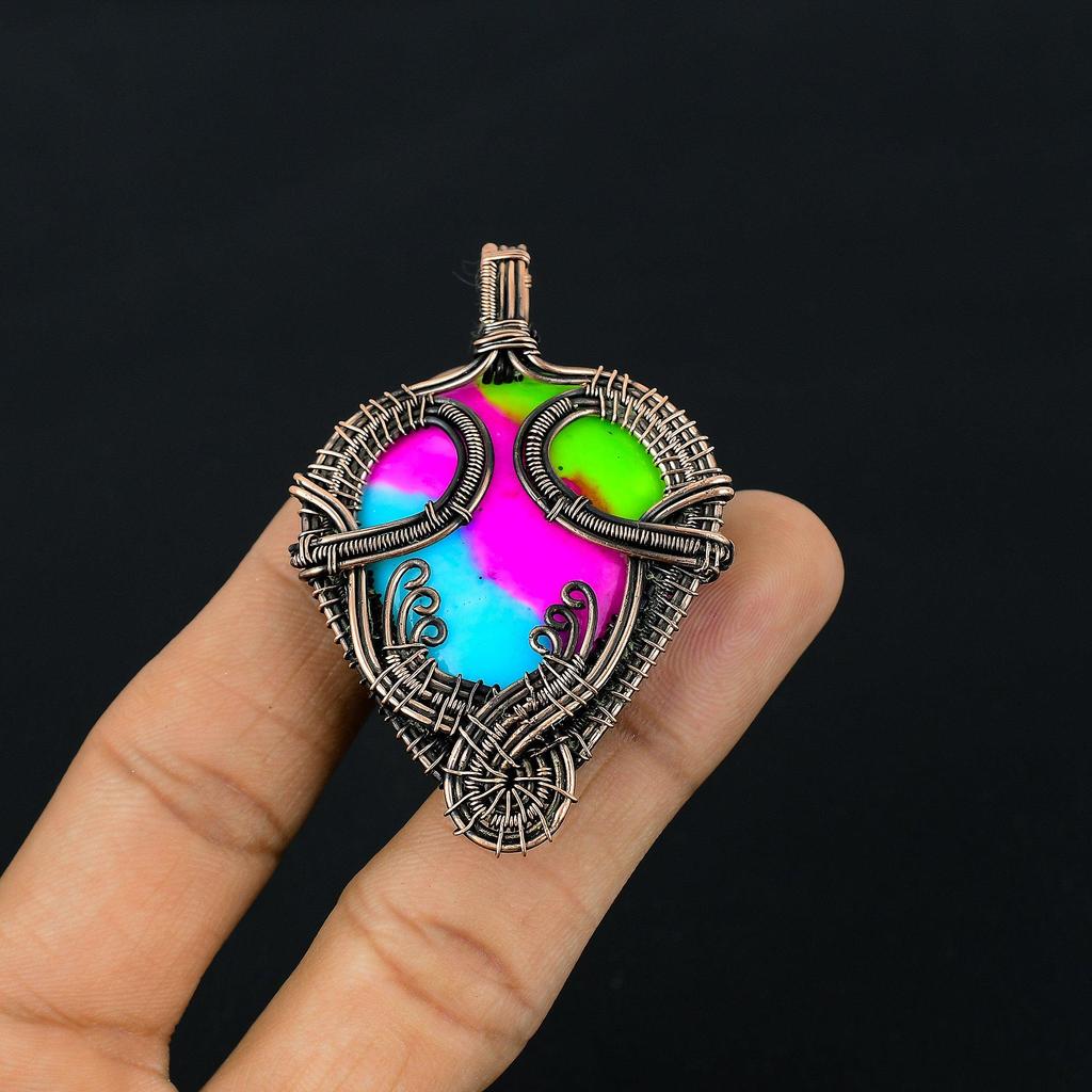 Multi Color Druzy Pendant, 999 Copper Wire Wrapped Gemstone Jewelry, Handmade Pendant, For Mother Day