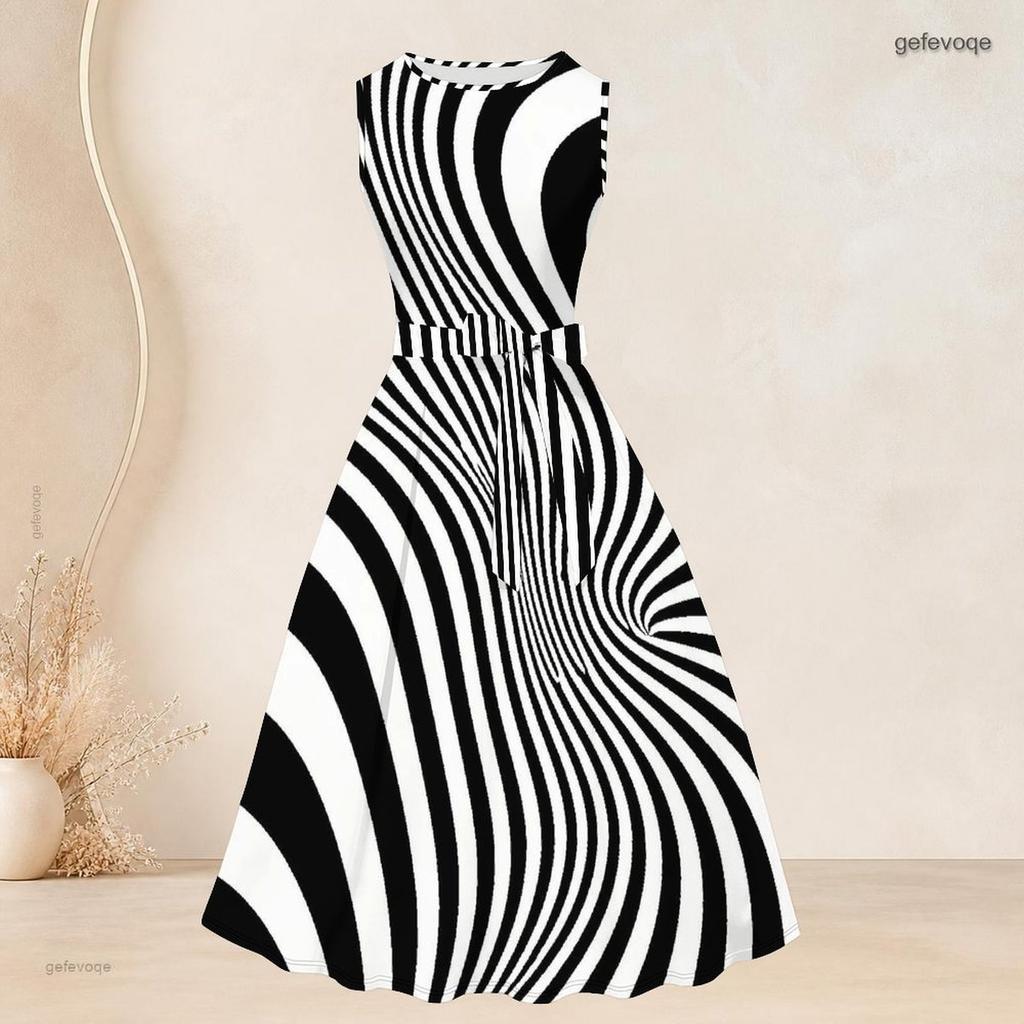 Women Plus Size Two Piece Set Long Sleeve Draped Cardigan Round Neck Sleeveless Tie Waist Flared Dress Black White Printed