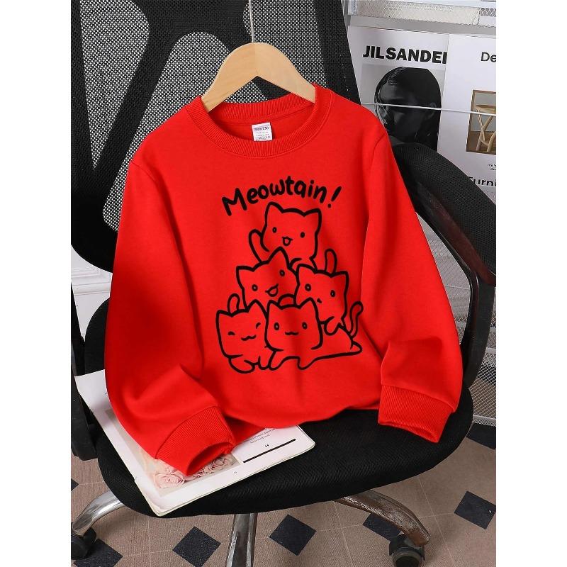 European sizes Kids' Crewneck Sweatshirt - Cute Cats Stacked Meowtains Pattern , Sportswear And Casual Wear, Soft And Comfortable, Children's Clothing