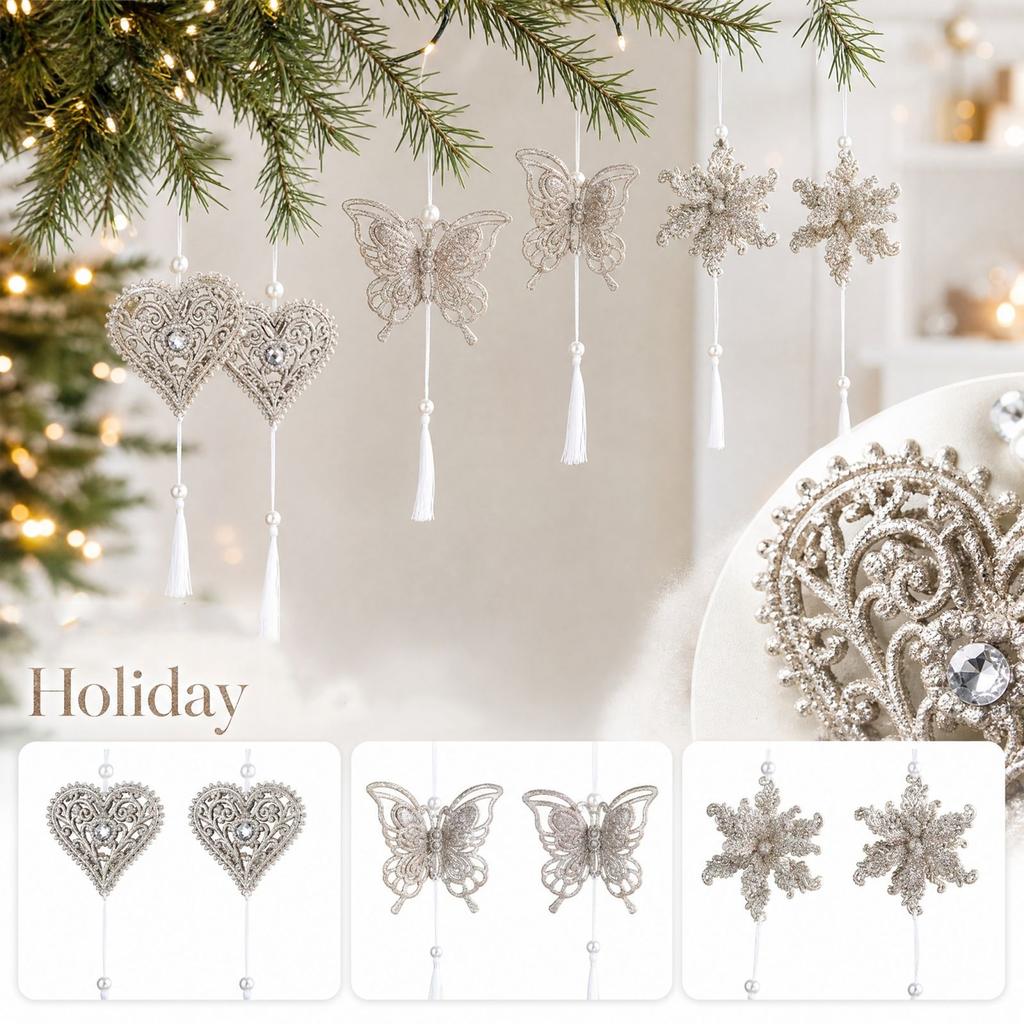 Christmas Tree Ornaments Set of 2, Glitter Hollow Snowflake Heart Butterfly Hanging Decorations with Tassel Flower Design