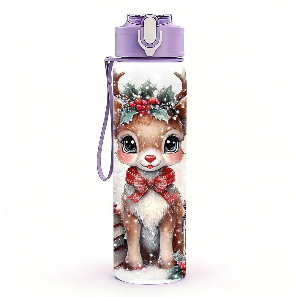 1PC Christmas Deer Snow Winter Animal Art 750ml Color Plastic Sports Water Bottle Leakproof Flip Straw Lid Suitable for Sports Office Home Use