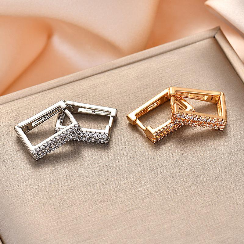 European Chic Rectangle Copper Earrings with Zirconia, Versatile Fashion Ear Cuffs