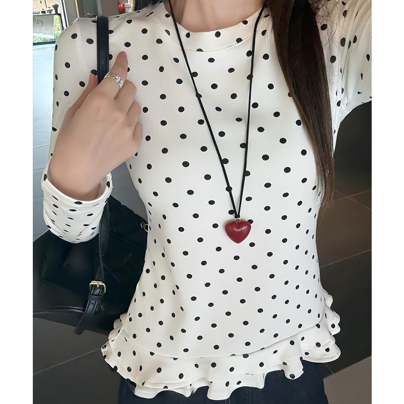 Women's Slim Fit Long Sleeve T-Shirt with White Polka Dot Lace, Round Neck, and Plus Velvet for Autumn/Winter