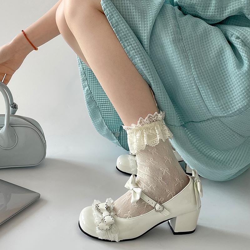 Pantofi drăguți din dantelă JK pentru femei, pantofi Mary Jane, pantofi de piele cu fundă papion la modă, pantofi cu toc pentru rochie de petrecere pentru exterior pentru femei