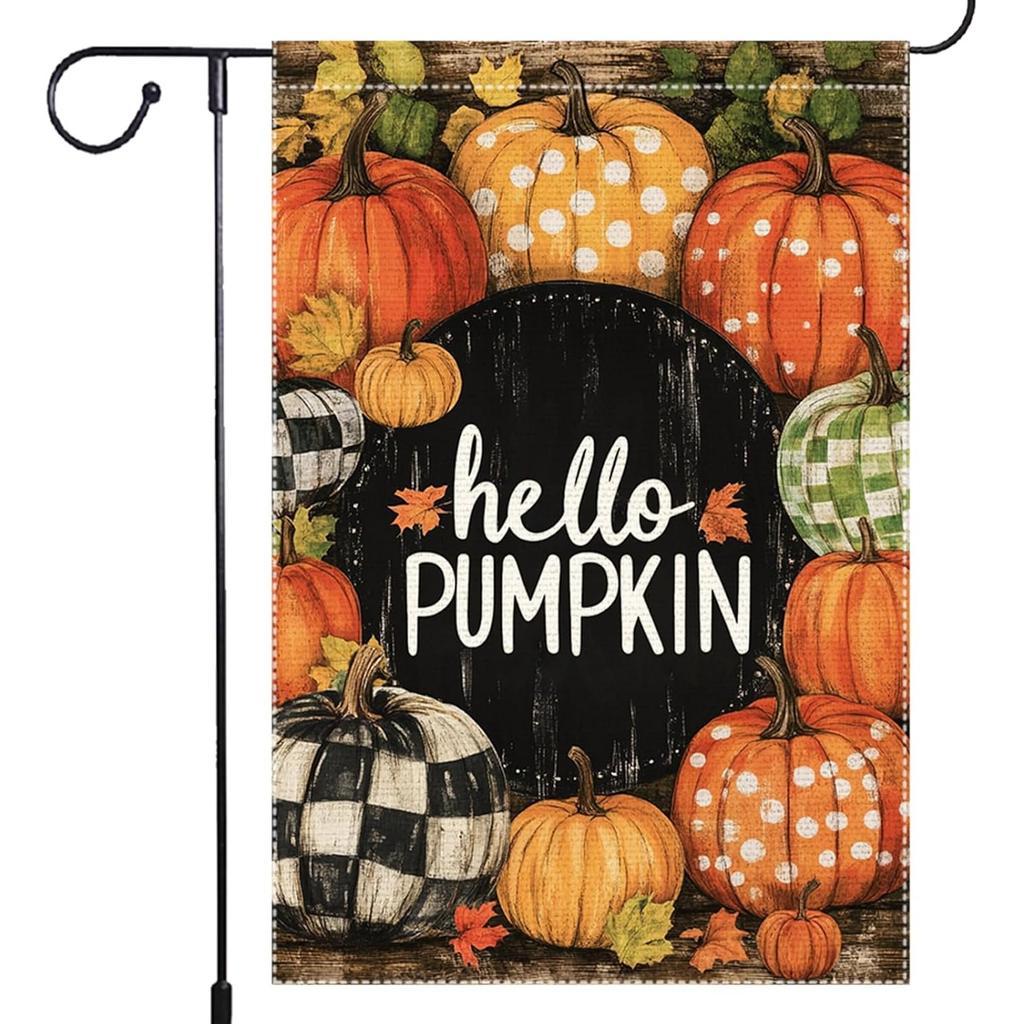 Hello Pumpkin Fall Garden Flag Thanksgiving Garden Flags for Outside, Double Sided Small Polka Dots Maple Leaf Autumn Yard Outdoor Decorations