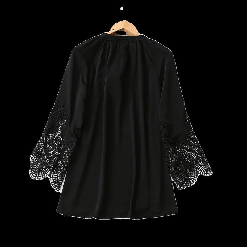Export Export Elegant Loose Slimming V-neck Lace-up Crocheted Cut Out Bell Sleeve Chiffon Shirt Plus Size Ladies Plus Size Women's Clothing