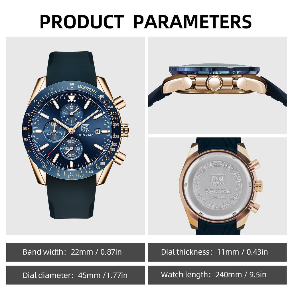 BY BENYAR Chronograph Analog 30M Water Leather Strap Quartz Blue Gift for Men Men's Watch, Resistant, Simple, Stylish, Popular, Formal, Movement,