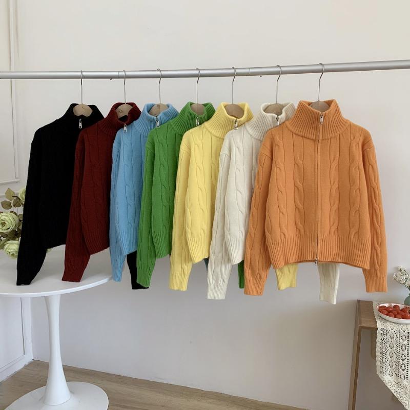 Zipper Turtleneck Knitted Cardigan Sweater Women's Winter Design Sense Loose Lazy Style Casual Top Tide