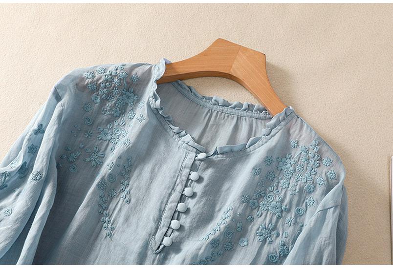 2025 Summer Artistic V-Neck Embroidered Floral Women's Shirt with Five-Point Sleeves