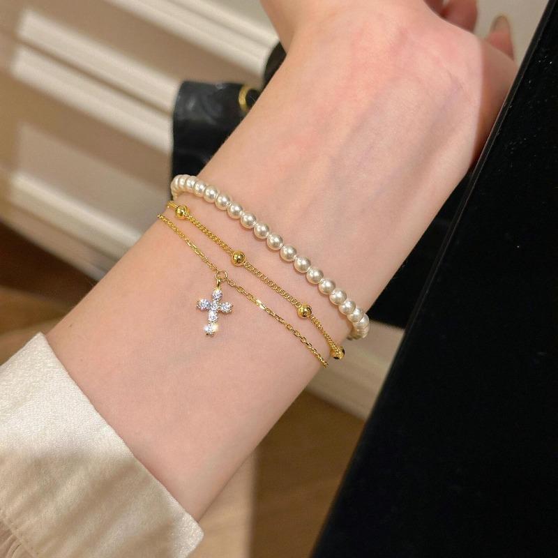 Luxury-luxurious Style Cross-shaped Round Beads Double-layered Layered Hand Chain for Women, High-end Accessory with Elegant Style