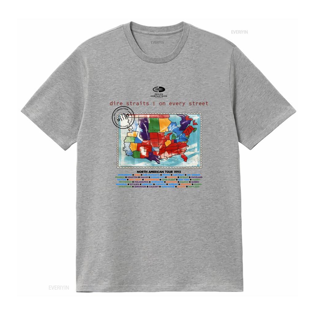 1992 Dire Straits on Every Street Tour North American Map Design T shirt vintage Washed Stretched Casual streetwear Stylish