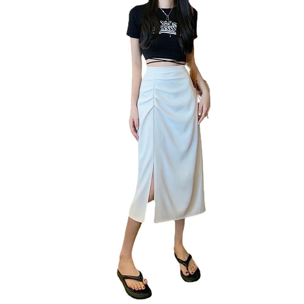 2025 Plus Size High Waist Black Pleated Skirt for Women - Slimming Mid-Length A-Line with Slit