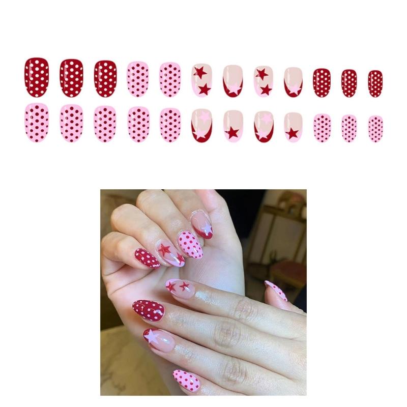 24Pieces Elegant French Tip Presses On Nail Glossy Oval Short Shape Red Pink Polkas Dots Design