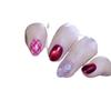 2026 New Year Plaid Ruby Cat Eye Handmade Nails with Pearl Rhinestone Glitter