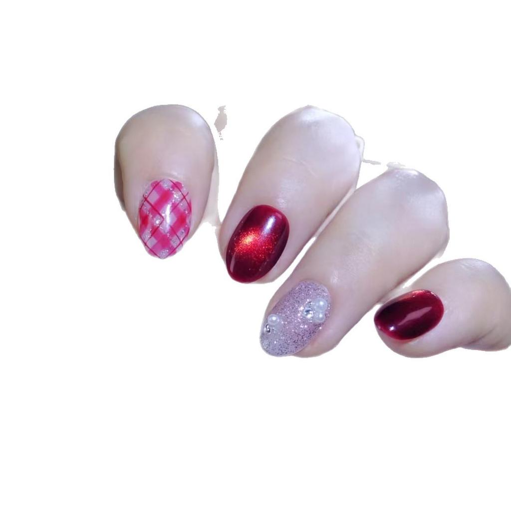 2026 New Year Plaid Ruby Cat Eye Handmade Nails with Pearl Rhinestone Glitter