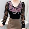 Spring Autumn Women's Lace Sleeve Patchwork T-Shirt Elegant V-neck Tees Slim Ladies Tops With Rhinestone Flower