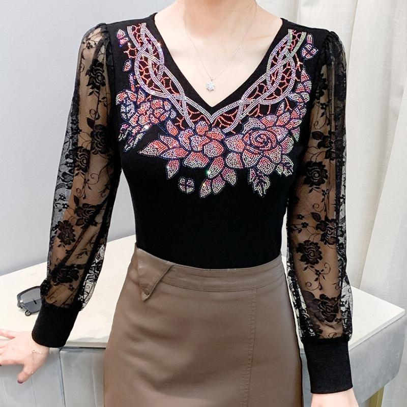 Spring Autumn Women's Lace Sleeve Patchwork T-Shirt Elegant V-neck Tees Slim Ladies Tops With Rhinestone Flower