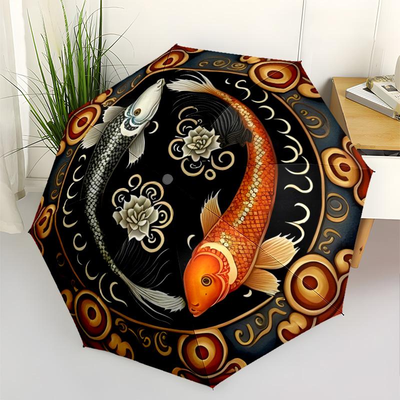 Koi Fish Circular Lotus Pond Automatic Umbrella Sturdy 8-Rib Shaft Durable Plastic & Iron Durable Everyday Carry Umbrella Elegant Umbrella