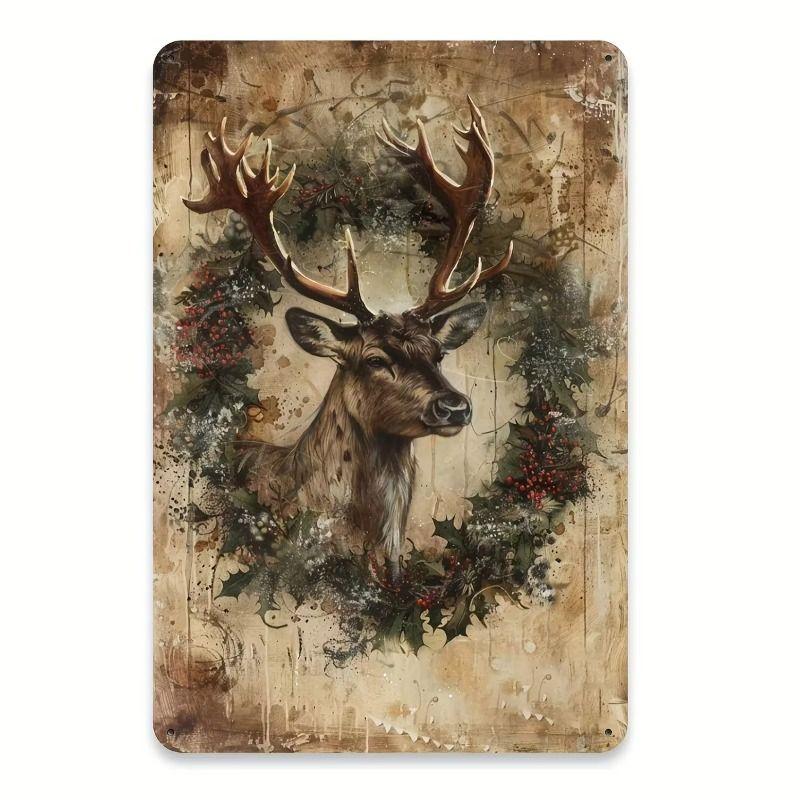 Vintage Santa Deer Tin Sign, Christmas Wall Art Home Decor, 20x30 cm