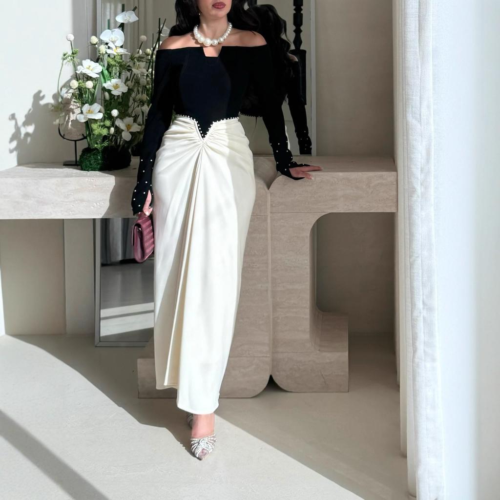 Fall Winter Elegant Color-block Pearl Bodycon Evening Dress for Women, European American Style Party Gown for Crossborder Dropshipping