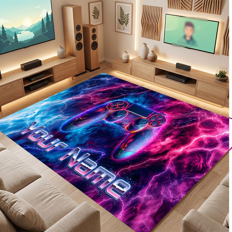 Game Controller Theme Crystal Velvet Floor Rug Personalized Custom Name Text Warm Carpet Home Decoration