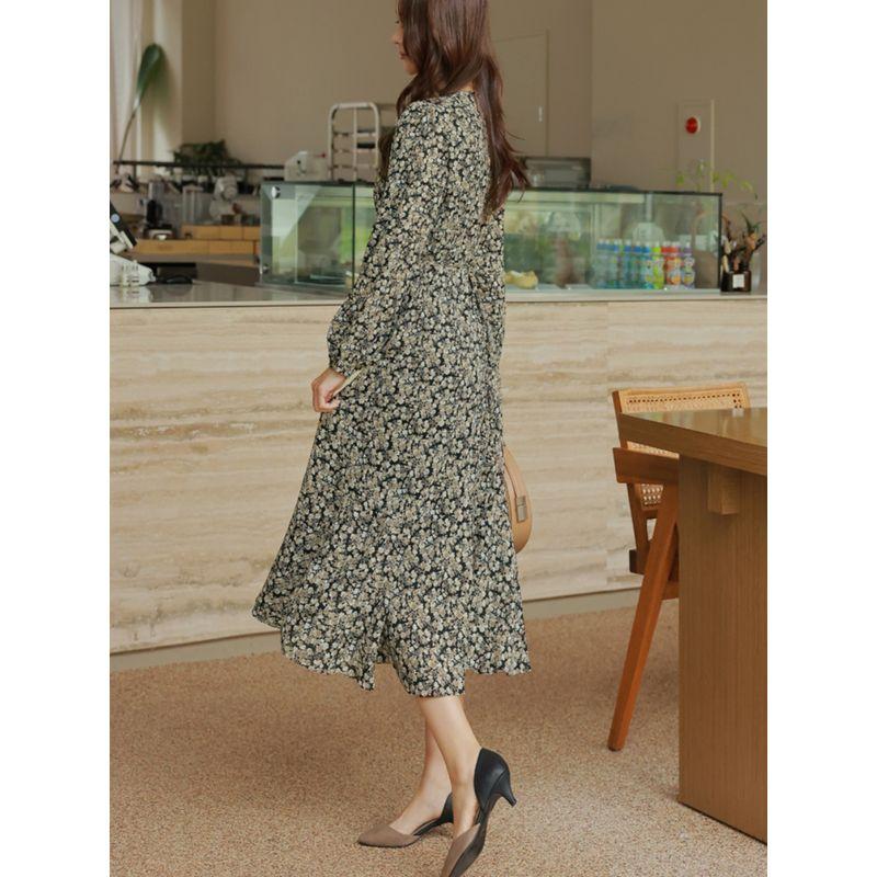 Sweet Plus Size Women's Clothing K-style Spring and Autumn Round Neck Small Floral Flounce Mid Length Long Length Long Sleeves Dress Trendy L-4XL