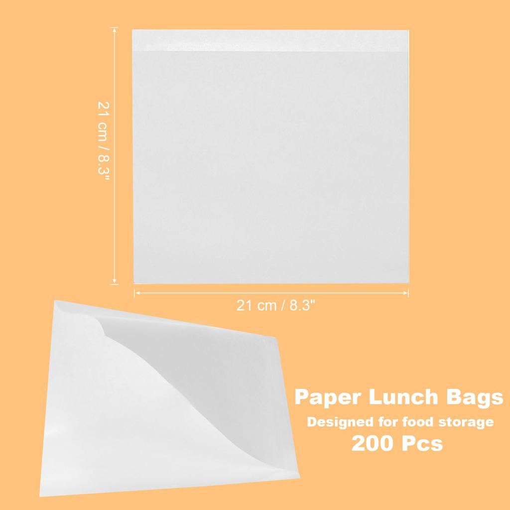 uxcell 200pcs Kraft Paper Sandwich x Greaseproof Paper Cookie Paper Snack Lunch Bags for Home Shop White Bags, 8.3 8.3" Bags, Double-Open Bags,