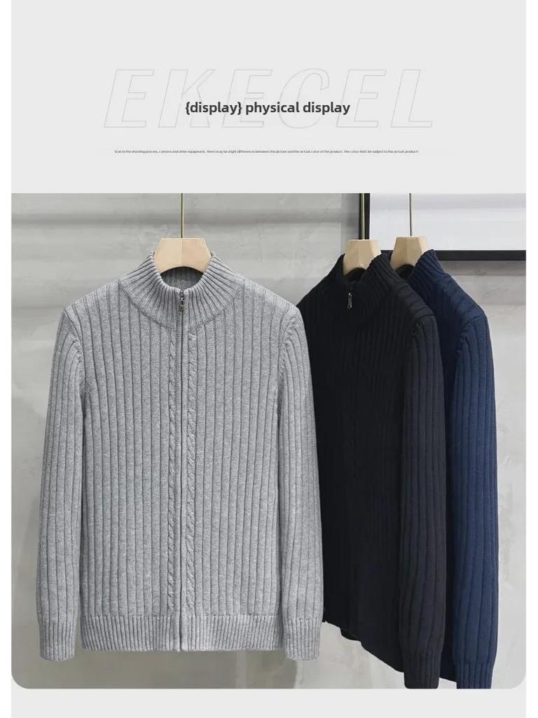 American Autumn/Winter Solid Color Zippered Knit Cardigan: Trendy Korean-Style Men's Outerwear