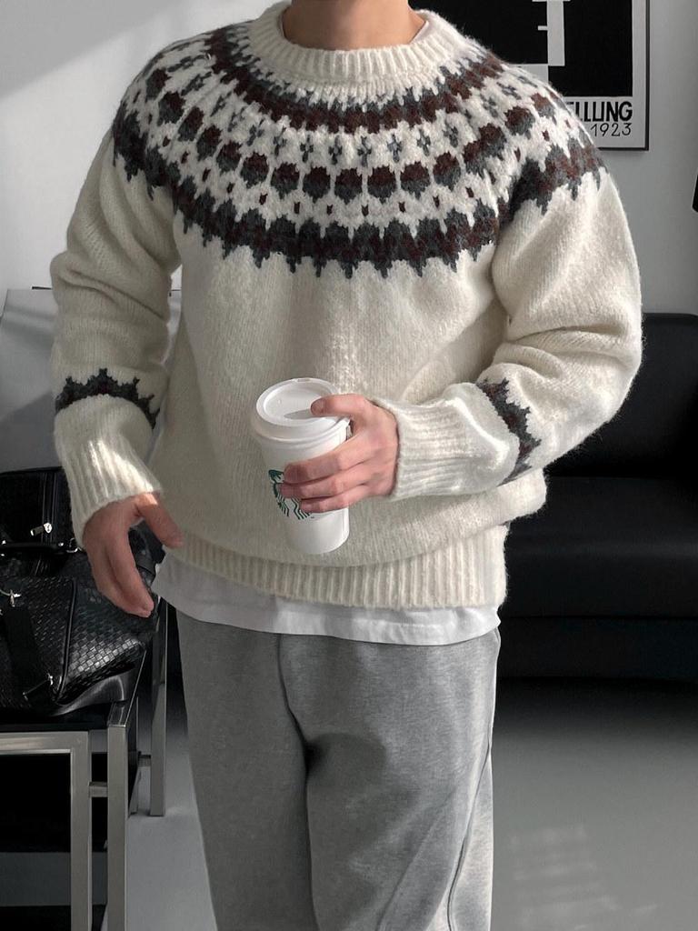 Men's Fair Isle Jacquard Slim Fit Round Neck Sweater - Trendy Autumn/Winter Knitwear
